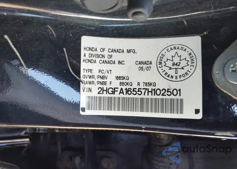 2007 Honda Civic Lx z USA, uszkodzony, nr VIN 2HGFA16557H102501